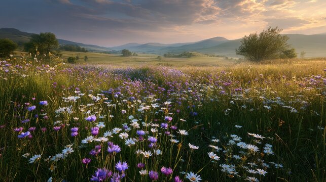 Gentle spring sunlight illuminating blooming wildflowers across peaceful countryside field