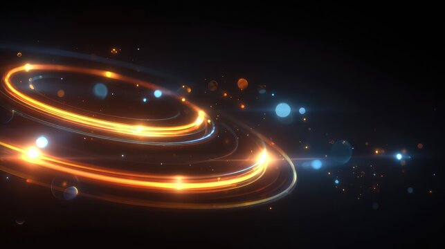 Glowing light rings floating in dark space creating futuristic abstract technology background