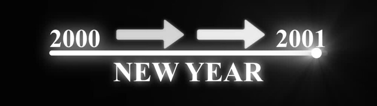 Glowing white Timeline Transition from 2000 to 2001 with Arrow Indicator neon white