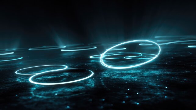 Glowing light rings floating in dark space creating futuristic abstract technology background