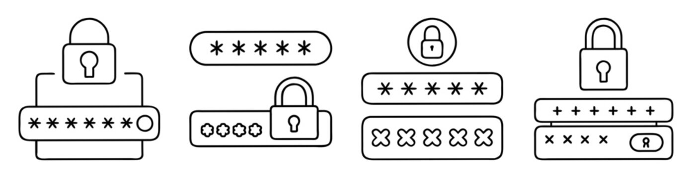 Stylized illustrations of password protection and security with various character representations