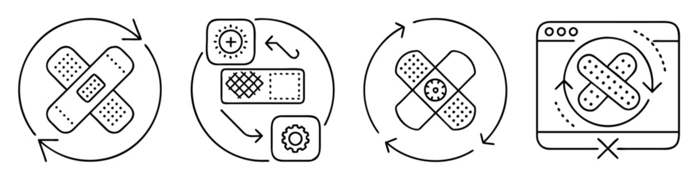 Application bug fixing and software patching process and development cycle icons