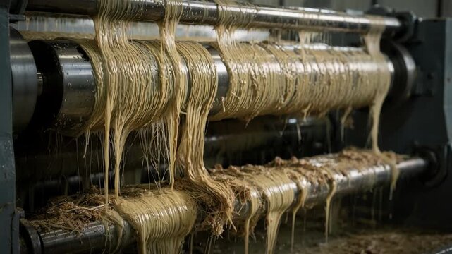 Medium shot of semiwet hemp bast fiber decortication with visibly damp fibers and machinery processing the softened plant material for enhanced fiber extraction.
