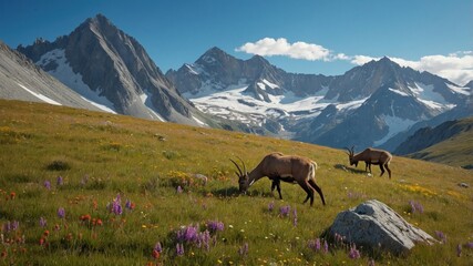 Naklejka premium Majestic mountain landscape with grazing goats amidst vibrant wildflowers and towering peaks
