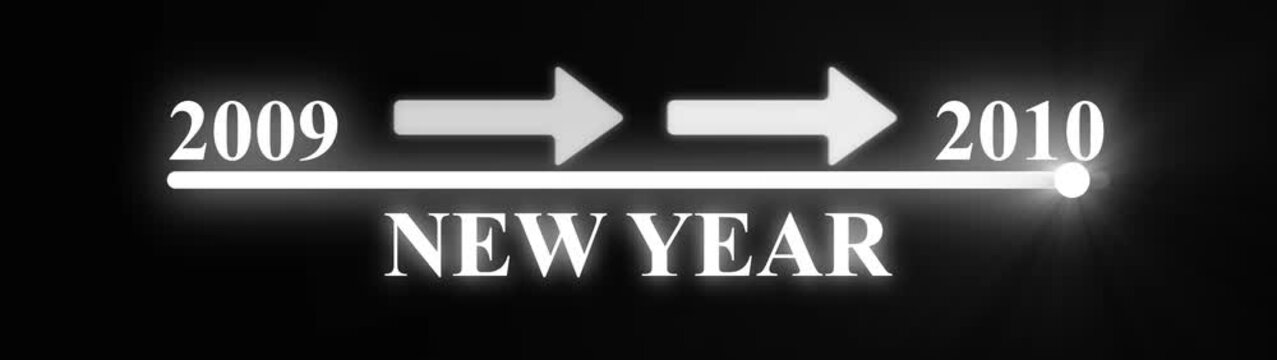 Glowing white Timeline Transition from 2009 to 2010 with Arrow Indicator neon white