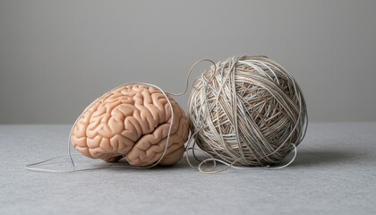 Fototapeta premium brain, yarn, tangled, psychology, mental health, confusion, complexity conceptual image illustrating cognitive processes, unraveling thoughts, and therapy using a human brain model.
