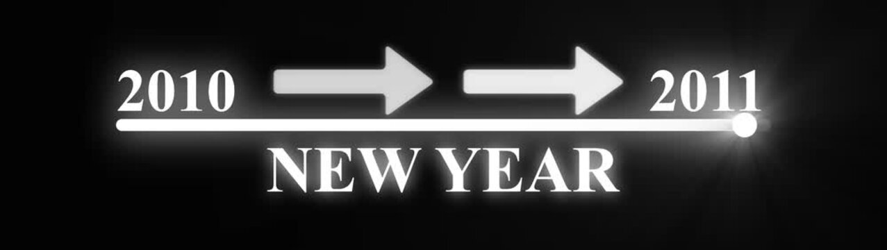 Glowing white Timeline Transition from 2010 to 2011 with Arrow Indicator neon white