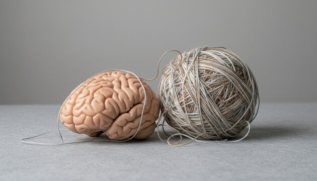 brain, yarn, tangled, psychology, mental health, confusion, complexity conceptual image illustrating cognitive processes, unraveling thoughts, and therapy using a human brain model.