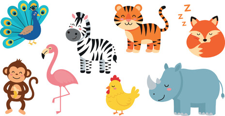 Cute zoo animals vector set with peacock, zebra, tiger, fox, monkey, flamingo, chicken and rhinoceros cartoon illustration © MdNazmul