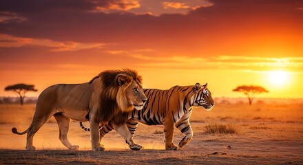 Lion and tiger walking together at sunset