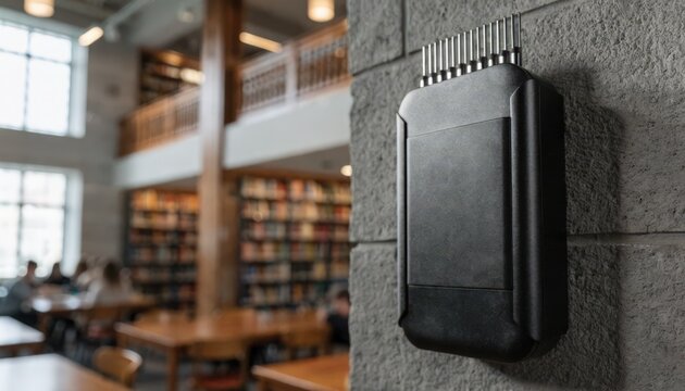 Closeup of wallmounted WiFi access point in a modern campus library emphasizing the device while shelves and study tables create a softly blurred atmosphere.