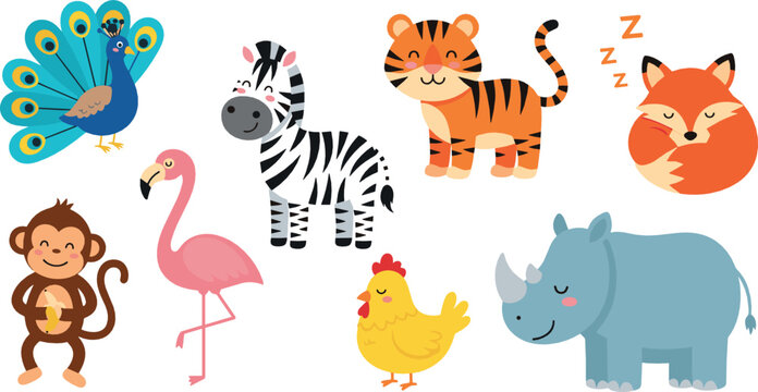 Cute zoo animals vector set with peacock, zebra, tiger, fox, monkey, flamingo, chicken and rhinoceros cartoon illustration