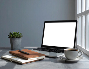 Fototapeta premium Professional minimalist home office featuring a blank laptop mockup, succulent, journals, and coffee. Natural light creates a calm atmosphere for business and creative marketing projects.
