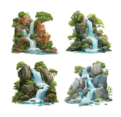 Fototapeta premium Waterfall cartoon vector set. Boulder stone trees grass nature landscape clean fresh water flowing over rocks peaceful natural mountain forest river stream scenes isolated illustration