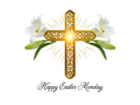Golden cross with lilies easter monday isolated on transparent background
