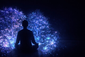 Obraz premium Person meditating with interactive holographic nature garden