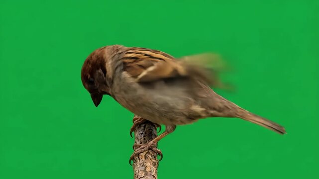 Sparrow Portrait Little Brown Bird on Branch with Green Screen Background.