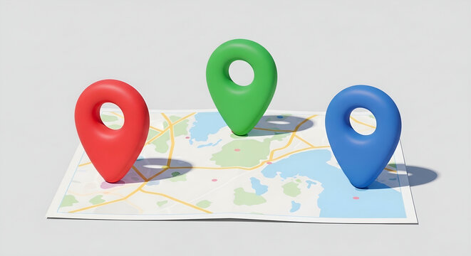 Global navigation and location tracking concept with 3D map pins for travel booking app interface banner