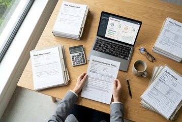Obraz premium Person reviewing business insurance policy documents and graphs on laptop at wooden desk near window with coffee cup and calculator
