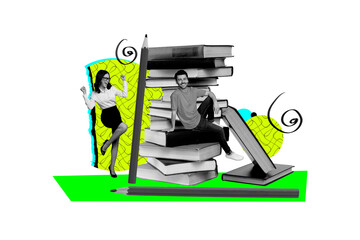 Naklejka premium Composite creative art collage of two happy girl guy university students book stack education exam library isolated on painted background