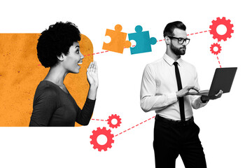 Composite artwork collage image picture of people speak puzzle pieces cogwheel laptop isolated on...