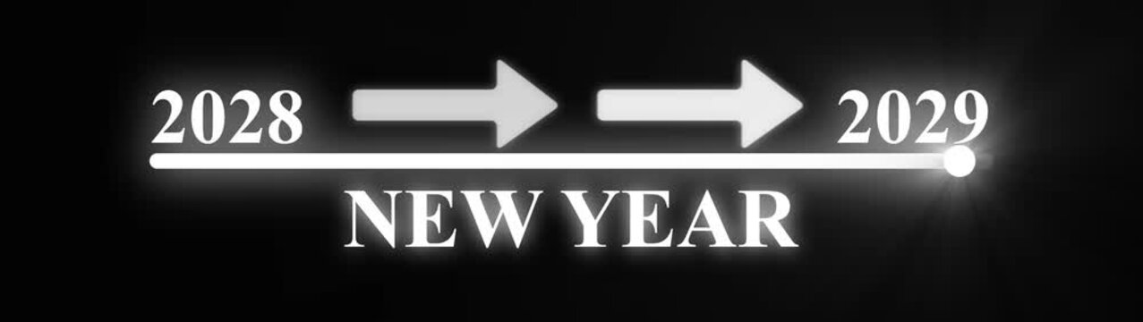 Futuristic digital progress bar with glowing neon white numbers 2028 and 2029 indicating a year transition on a black background