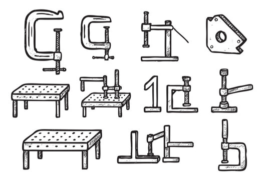 Detailed sketch of various clamps and workbenches on a white background, conveying a crafting, workshop, or construction theme. Black and white illustration for print, design, or technical uses.