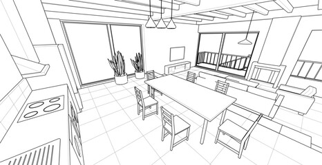 Fototapeta premium interior kitchen living room 3d illustration