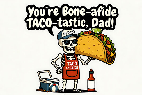 Skeleton dad holding a large taco celebrates father's day with a beverage and cooler text you're bone-afide taco-tastic dad