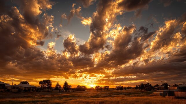Golden sunset sky filled with glowing clouds and warm light creating dramatic atmospheric landscape