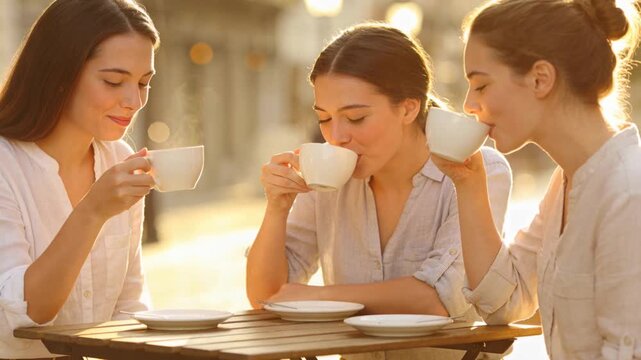 Sipping center woman causing friends sipping and chatting at cafe table, white cups, button shirts