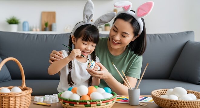 Mother and Daughter Painting Easter Eggs at Home