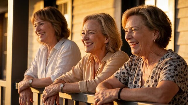 Laughing three middle-aged women leaning on wooden porch railing, reacting to shared remark