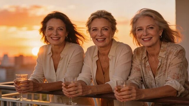 Leaning three women at balcony railing during sunsetting, wearing light blouses, holding stemware