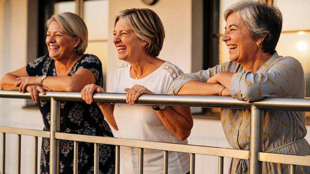 Talking middle woman turning head, sharing joke with three senior women leaning on balcony railing