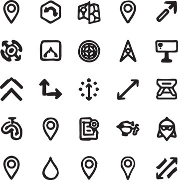 Hand Drawn Navigation and Map Icons &ndash; Location, Direction, Compass Line Icons.