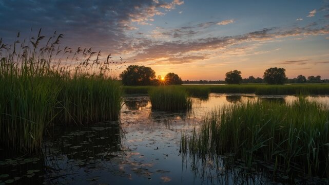 Serene sunset over a tranquil marsh, reflecting vibrant colors on still water amidst lush greenery