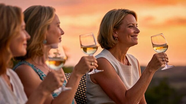 Sunset drawing trio sipping and raising wine glasses on patio, watching horizon in casual tops