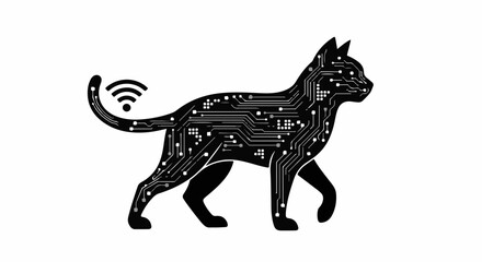 Fototapeta premium Futuristic robotic cat silhouette with circuit board patterns and Wi-Fi signal
