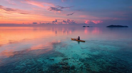 Fototapeta premium Kayaker paddling across crystal clear sea under colorful sunset sky creating tranquil ocean moment