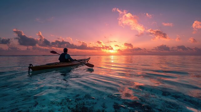 Kayaker paddling across crystal clear sea under colorful sunset sky creating tranquil ocean moment