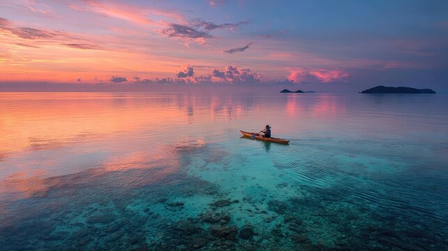 Kayaker paddling across crystal clear sea under colorful sunset sky creating tranquil ocean moment