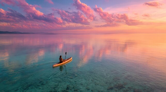 Kayaker paddling across crystal clear sea under colorful sunset sky creating tranquil ocean moment