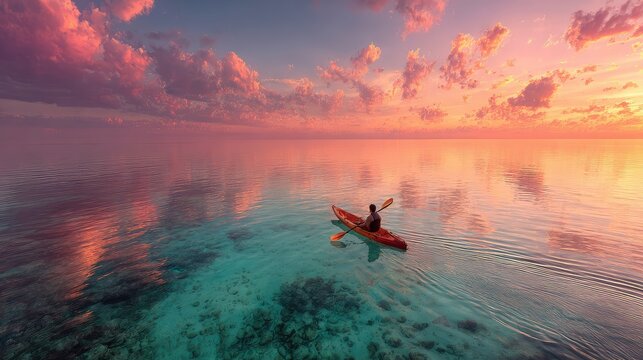 Kayaker paddling across crystal clear sea under colorful sunset sky creating tranquil ocean moment