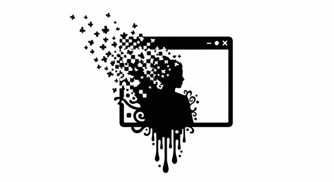 Digital silhouette dissolving into abstract particles against a stylized window frame