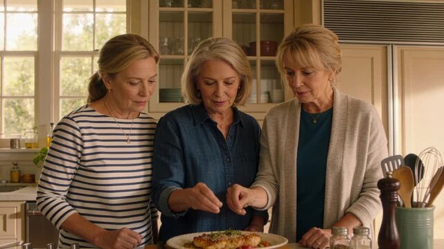 Leaning in, three women in clothes checking white plate in kitchen, pinching salt to finish plating