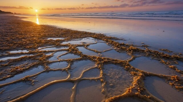 Serene sunset illuminating a sandy beach with intricate patterns, waves gently lapping at the shore