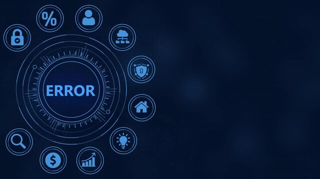 Digital interface with the word EROR in the center surrounded by technology and business icons on a dark blue background