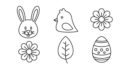 Obraz premium Simple black outline vector graphic collection featuring cute Easter and spring themed icons for coloring