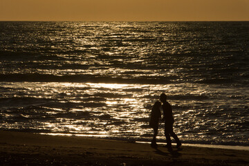 夕日を反射する海と若い人物のシルエット
